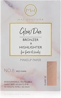 Mai Couture Blotting Paper Glow Bronzer & Highlighter On-the-go MakeUp, Suitable for Face & Body, Recycleable | (30 Sheets each) Duo No. 8 Med-Dark