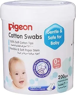 Pigeon Cotton Swabs, Flexible And Soft Paper Stem, 100% Soft Cotton Tips, Extra Thin, 200 Pieces, White