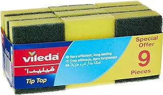 Vileda Tip Top Dish Washing Medium Foam Sponge Scourer Promo Long-Lasting and Durable, Sensitive Surfaces, Yellow & Green, 9 Pcs Per Pack V092