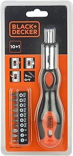 Black & Decker 10 Pieces Bimaterial Steel Multibit Ratcheting Screwdriver with Bits, Orange/Black - BDHT68127, 2 Years Warranty