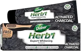 Dabur Herbal Activated Charcoal Toothpaste (150g + Bamboo Toothbrush) | For Expert Teeth Whitening, Stain Removal & Healthy Gums | Enriched with Activated Charcoal