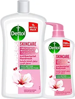 Dettol Skincare Showergel & Bodywash Liquid For Effective Germ Protection & Personal Hygiene, Rose & Sakura Blossom Fragrance 700ml + Dettol Skincare Hand Wash Liquid Soap Refill, 1L