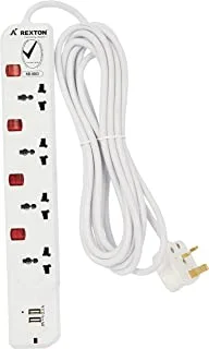 EXTENSION SOCKET 4WAY WITH 5MTR CABLE NEON & 2X2.1A USB; 250V - 50HZ; 13Amp Fused BS Plug