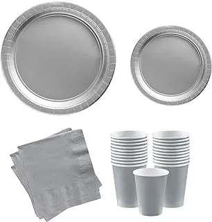 PARTY TIME - Silver Set of 48 Pieces Party Tableware Baby Shower Disposable Dinnerware Plates Napkins Cups Party and Different Events Birthday Supplies