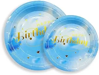 PARTY TIME - 12 Pieces Party Supplies, Birthday, Wedding, Bridal Shower, Luncheon, Disposable Paper Dinnerware, Plate Sets (Light Blue and Gold)