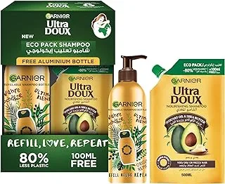 Garnier Ultra Doux Avocado Oil & Shea Butter Nourishing Shampoo Eco Pack, 500 ml + FREE Aluminum Bottle!