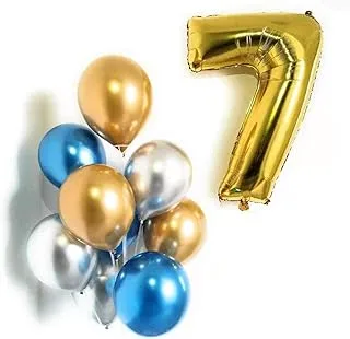 PARTY TIME - 1 Piece Number 7 Gold Foil Balloon Numbers | Pack of 9 Chrome Latex Balloons | 7th Birthday Decorations | Balloons for Birthday Party, Anniversary Decoration (FREE Ribbon)