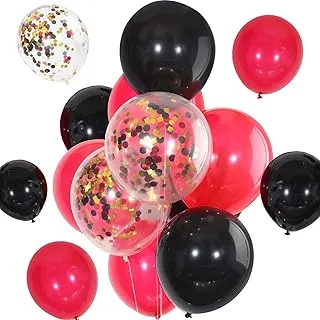 PARTY TIME - Set of 12 Latex Confetti Balloons for Birthday, Wedding, Christening and Themed Party Decorations (Black & Red Latex Balloons, Gold Red & Black Confetti Balloons) 12 Inches