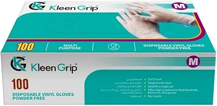 Kleen Grip Disposable Vinyl Gloves - 100 Pack, Powder-Free, Clear, Latex-Free Gloves, Medium