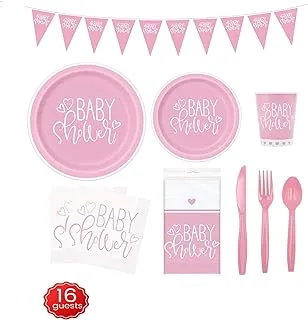 GOLDEDGE 114 Piece Baby Shower Girl Party Pack Tableware Cups Napkin Tissue Straws Plates Set 16 Guest, , Psb4