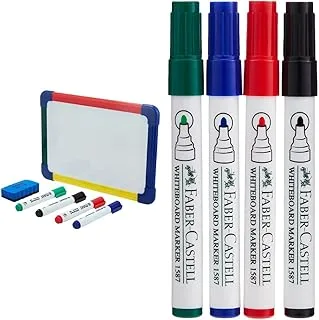 Maxi 2 Sided Dry Wipe Whiteboard A4 20X30cm + 4Pc Whiteboard Colour Markers, Non Toxic Inks+ 1Pc Dry Wipe Eraser, 2020 21 & Faber Castell Whiteboard Marker Bullet Set Of 4Pc + Duster, Assorted, 1587D