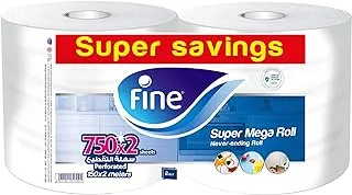 Fine kitchen paper towel roll, 750 sheets x 2 ply roll of 2, fine mega roll, sterilized tissues for germ protection, half perforated