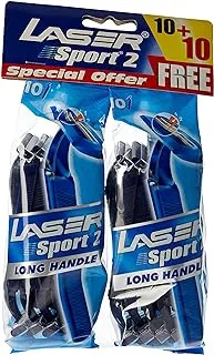 Laser Sport 2 Long Handle Twin Blade Disposable Shaving Razor-Anti Slip Elastomer handle-Strip with aloe & vitamin E-Ultra Smooth Shave-Reduce Irritation-Better Precision-Close Shave-20 Pieces