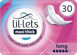 Lil-Lets Maxi Thick Long Sanitory Pads - Super Soft Cotton Pads With Wings - Extra Long and Cushioned - Skin Friendly - Fast Absorption - Leak Protection - Fragrance Free - 30 units