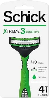 ماكينة حلاقة Schick Xtreme3 ​​الحساسة ذات الشفرات الثلاثية للاستعمال مرة واحدة للرجال - شريط غني بالصبار - حلاقة قريبة ومريحة - بدون تهيج - رأس مرن - مقبض مانع للانزلاق - سهل الشطف - 4 شفرات حلاقة