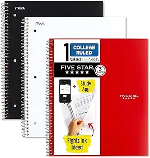 FIVE STAR Spiral Notebooks With Pockets, 3 Pack, 1-Subject, College Ruled Paper, 27.9 cm X 21.6 cm, 100 Sheets, Black, White, Red (73055)