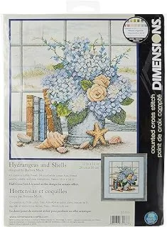 Dimensions 'hydrangeas and sea shells' counted cross stitch kit, 14 count white aida, 11 x 12