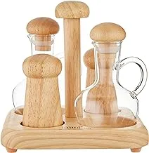 Billi Glass Oil & Vinegar Bottle With Wooden Cover- Salt Pepper Shakers Stand Gw-618