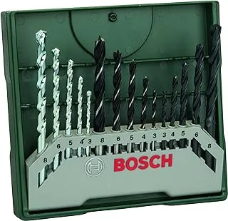 BoschMini-X-Line Mixed Set 15 Pieces, 5 precision-ground HSS (High-Speed Steel) metal drill bits, 5 carbide-tipped masonry drill bits, 5 wood drill bits with a centering tip. | Model: 2607019675