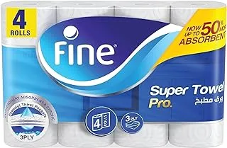 Fine Kitchen Paper Towel Roll, 60 Sheets X 3 Ply, 4 Rolls. Fine Super Pro, Sterilized Tissues For Germ Protection, Half Perforated