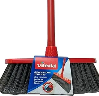 Vileda Standard Indoor Floor Broom with Stick, All Types Of Floors, Perfect Corner Cleaning, Lightweight, Red & Black, 30 x 5 x 140 Cm