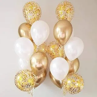 Metallic White and Gold Balloon Gold Confetti Balloons 12 inch - Balloons with Confetti Inside Pack of 50 Party Kit for Golden Baby Shower Bachelor Party Birthday Wedding Bridal Shower Decorations