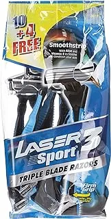 Laser Sport 3 Tripple Blade Disposable Shaving Razor-Anti Slip Elastomer handle-Strip with aloe & vitamin E-Ultra Smooth Shave-Reduce Irritation-Better Precision-Close Shave-14 Pieces