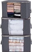 Large Capacity 3 Pack 90L Clothes Storage Bag Organizer with Reinforced Handle Thick Fabric for Comforters,Blankets,Bedding,Foldable with Sturdy Zipper,Bins Bags Clear Window (3 Pcs 90L Large Grey)