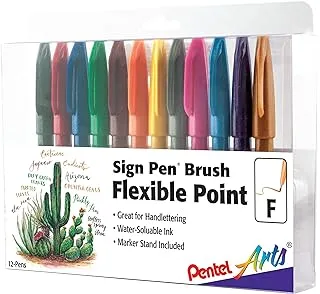 Pentel Arts Sign Pen Touch, Fude Brush Tip, 12 Assorted Colors In Marker Stand (Ses15Cpc12)