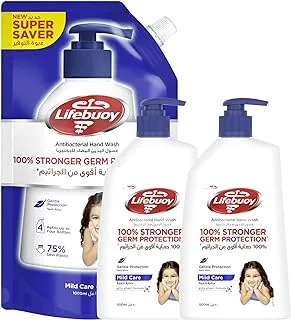 Lifebuoy Anti-Bacterial Liquid Hand Wash Moisturizing, Suitable for Sensitive Skin, Mild Care, 100 percent Stronger Germ Protection, 1l + Hand Wash Mild Care 500ml (Pack of 2)