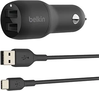 شاحن سيارة Belkin Boost Charge Dual USB 24 واط + كابل USB-A إلى USB-C (شاحن منفذ USB-A مزدوج لأجهزة Samsung و Pixel و iPad Pro و Nintendo Switch والمزيد)