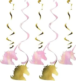 Creative Converting Assorted Sparkle Unicorn Cut-outs Dizzy-Dangling Swirls Decor 5 Pieces, Gold/Iridescent