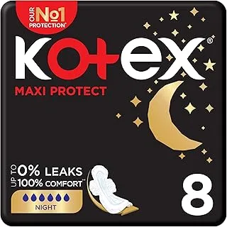 Kotex Maxi Protect Thick Pads, Overnight Protection Sanitary Pads with Wings, 8 Sanitary Pads