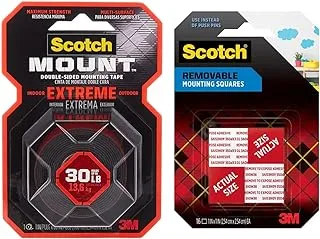 Scotch 414H Extremely StrongDouble-Sided MountingTape, 1 In X 60 Roll (25,4mm 1.52M) & MountingRemovable Squares 108 Sq 16, 1Lb, Grey, 25.4mm 25.4mm, 16 Squares/Pack