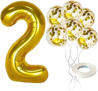 PARTY TIME - Number 2 Gold Foil & Confetti Sets | 6 Gold Confetti Latex Balloons with Ribbon Roll| For Decorations, Birthday Parties and All Kind of Gatherings and Event Decorations