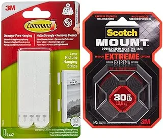 Command 17206-Es Picture And Frame Hanging Strips, Large, Holds 7.2 Kg. Whole Pack, White. 4 Pairs/Pack & Scotch 414H Extremely Strong Double-Sided Mounting Tape, 1 In X 60 In Roll (25,4mm X 1.52M)