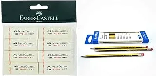 Faber-Castell Pvc-Free Eraser Big Poly Bag Of 8Pc & Classic Hexagonal Graphite Pencil Hb With Rubber Tip, Box Of 12, Black