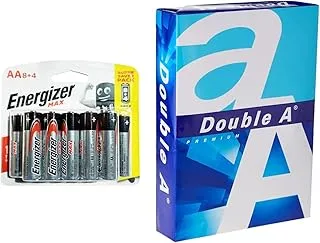 Energizer E91BP12 Max 1.5V Alkaline AA Batteries, 12 Pieces - Black & Double A - Printer Copy Paper, Size A4, GSM 80, 500 Pages Ream