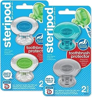 Steripod Clip-On Toothbrush Protector, Clear Blue/Clear Green/Blue/Silver, 4, Teal, Silver, Blue Clear, Green Clear, 2 Count (Pack Of 2)