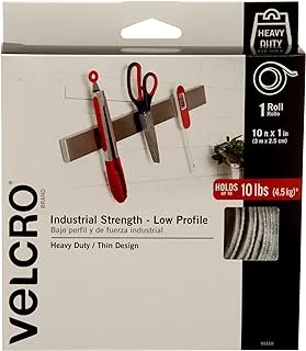 VELCRO Brand Industrial Fasteners Low Profile Thin Design | Professional Grade Heavy Duty Strength Holds up to 10 lbs on Smooth Surfaces | Indoor Outdoor Use, 10ft x 1in, White