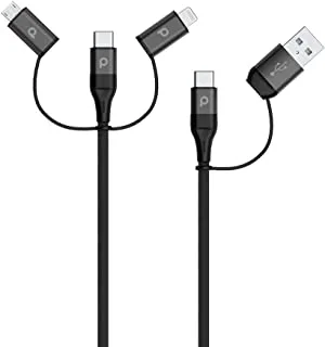 Porodo All in One Aluminum Braided Cable 1.2M 2.4A Compatible for Lightning/Micro USB/Type-C/USB-A Port Devices | Fast Charging Connector | Supports 9V PD Charging Cable | Durable Cord - Black