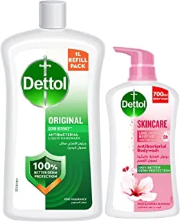 Dettol Skincare Showergel & Bodywash Liquid For Effective Germ Protection & Personal Hygiene, Rose & Sakura Blossom Fragrance 700Ml + Dettol Original Hand Wash Liquid Soap Refill, 1L