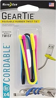 Nite Ize Gear Tie Cordable, The Orginal REUsable Rubber Twist With Stretch-Loop For Cord Management + Storage, 6-Inch, Assorted Colors, 4 Pack, Made In Usa