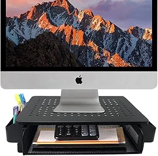 ECVV Monitor Stand Riser, Mesh Metal Printer Holder with Pull Out Storage Drawer and Side Compartments Pockets for Computer, Laptop, i Mac, Desk, Pens, Phones, Black (T7B)