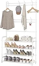 SHOWAY Coat Rack Shoe Rack,Storage Shelf with 4-Tier Organize,Clothes 8 Hooks Hanging, Entryway Hall Trees Hanging and Storage (WHITE)