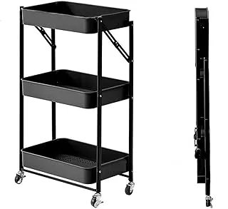 ECVV 3 Tier Utility Rolling Cart Foldable Metal with Caster Wheels Multifunction Storage Unit Locking for Bathroom Kitchen Office Balcony Living Room (Black)