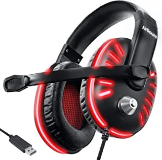 Airsound Gaming Over-Ear Headset Headphone| Red Led Lights| 7.1 Surround Sound| Noise Cancelling Mic| Volume Control, Usb Interface For Ps4/ Ps5, Xbox, Nintendo Switch Pc, Mac, Laptop (Alpha-2)