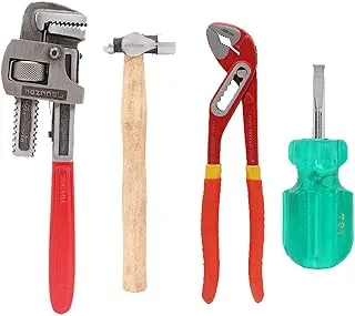 Suzec Johnson Plumber Tool Kit Pipe Wrench (300mm) & Ball Pein Hammer with Handle & Water Pump Plier Box Joint & Two in One Stubby Screw Driver (Green and Silver)