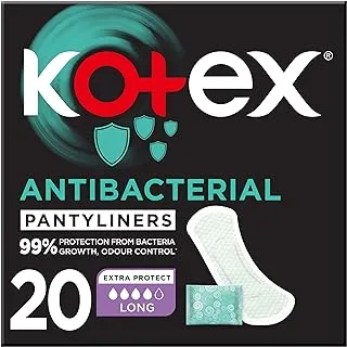 Kotex Antibacterial Panty Liners, 99% Protection from Bacteria Growth, Long Size, 20 Daily Panty Liners