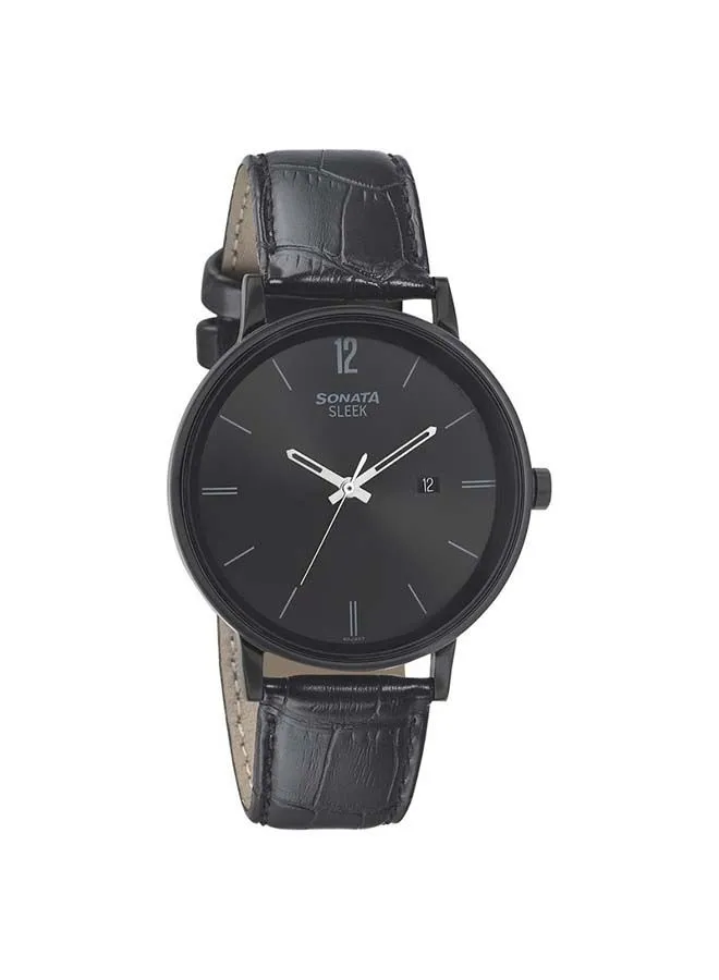 Sonata Round Shape Leather Band Analog Wrist Watch 7131NL01 - 42 mm - Black